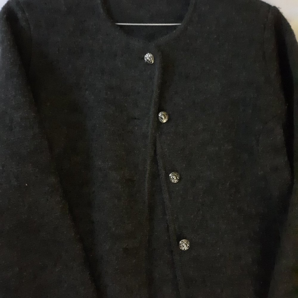 Carroll Reed wool jacket, size 14. Dark charcoal, silver tone buttons.